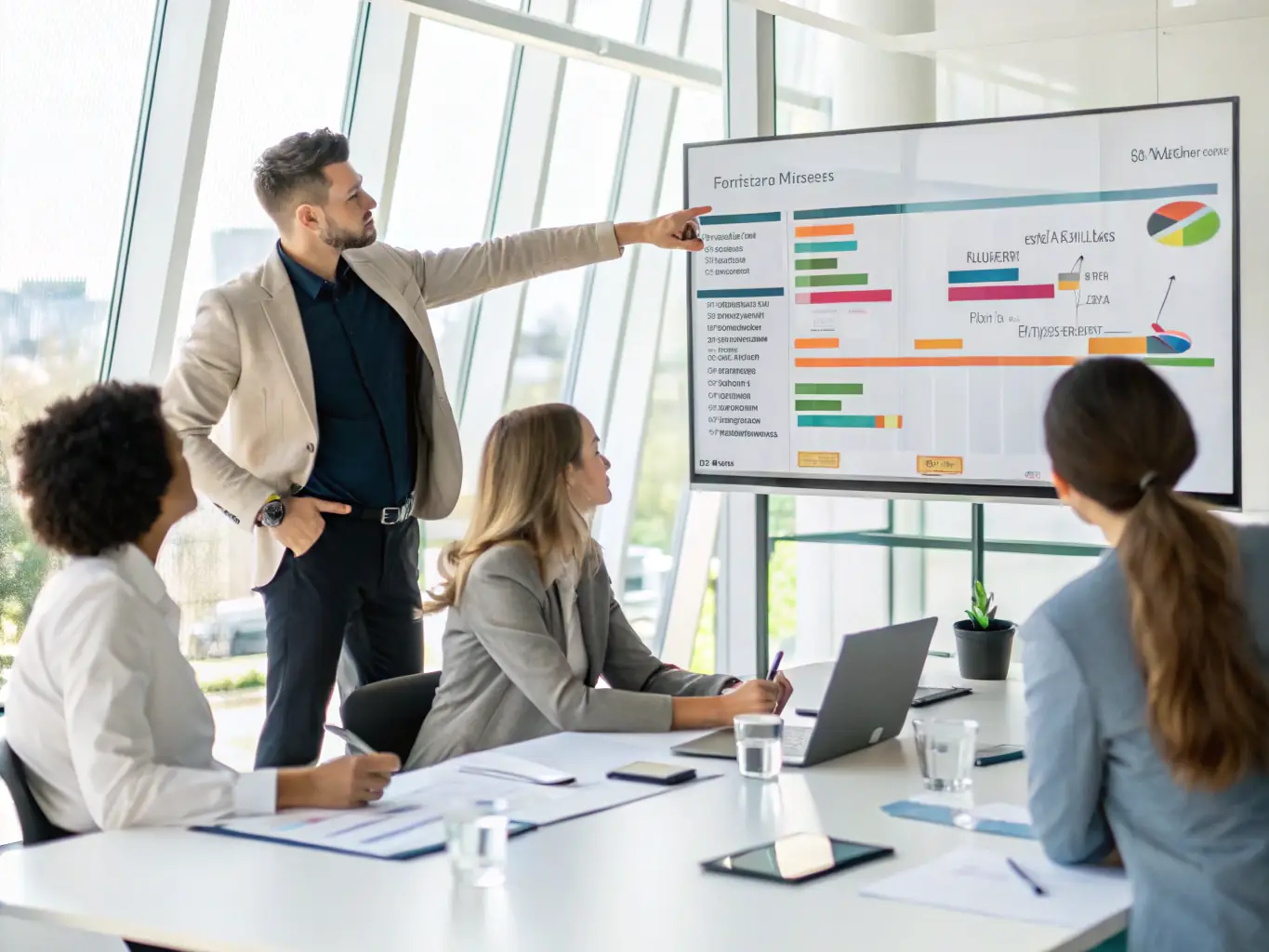 A project manager presenting a detailed project plan to a client, emphasizing Mac Codes' commitment to clear communication and client satisfaction.