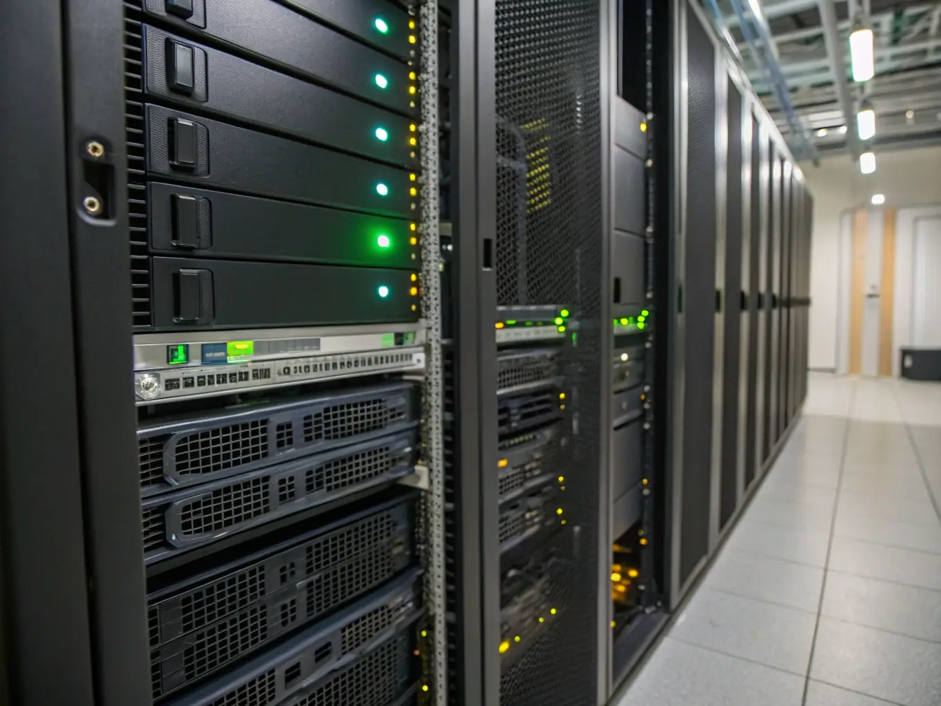 A server room environment representing Mac Codes' reliable hosting solutions, emphasizing security and optimal performance.