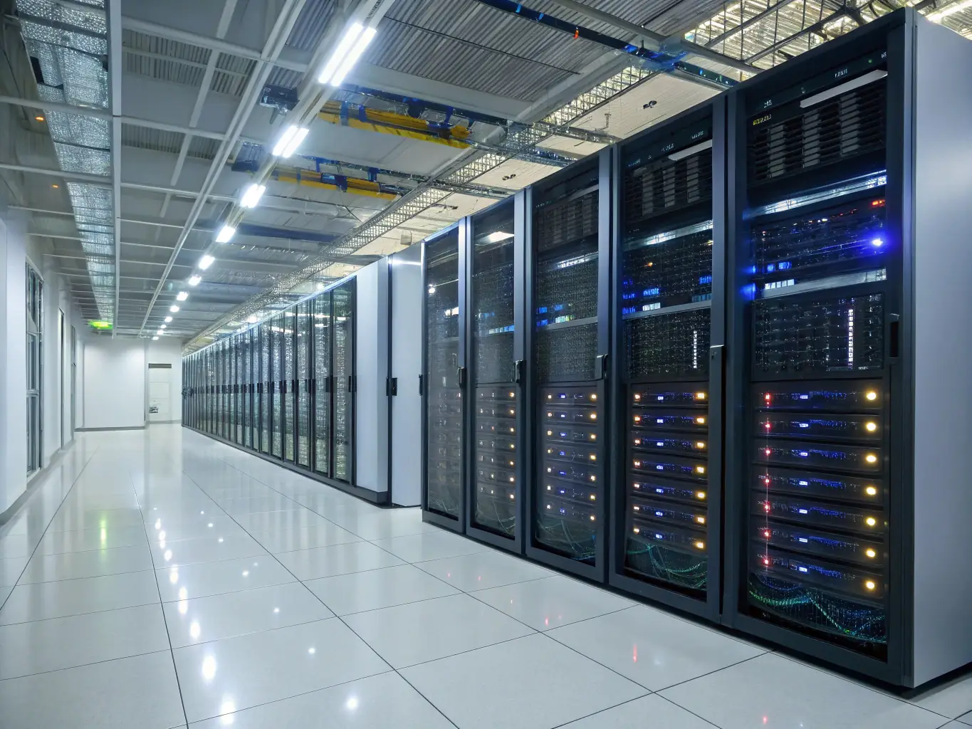 A secure data center with server racks and network equipment, emphasizing reliability and security, representing Mac Codes' hosting solutions.
