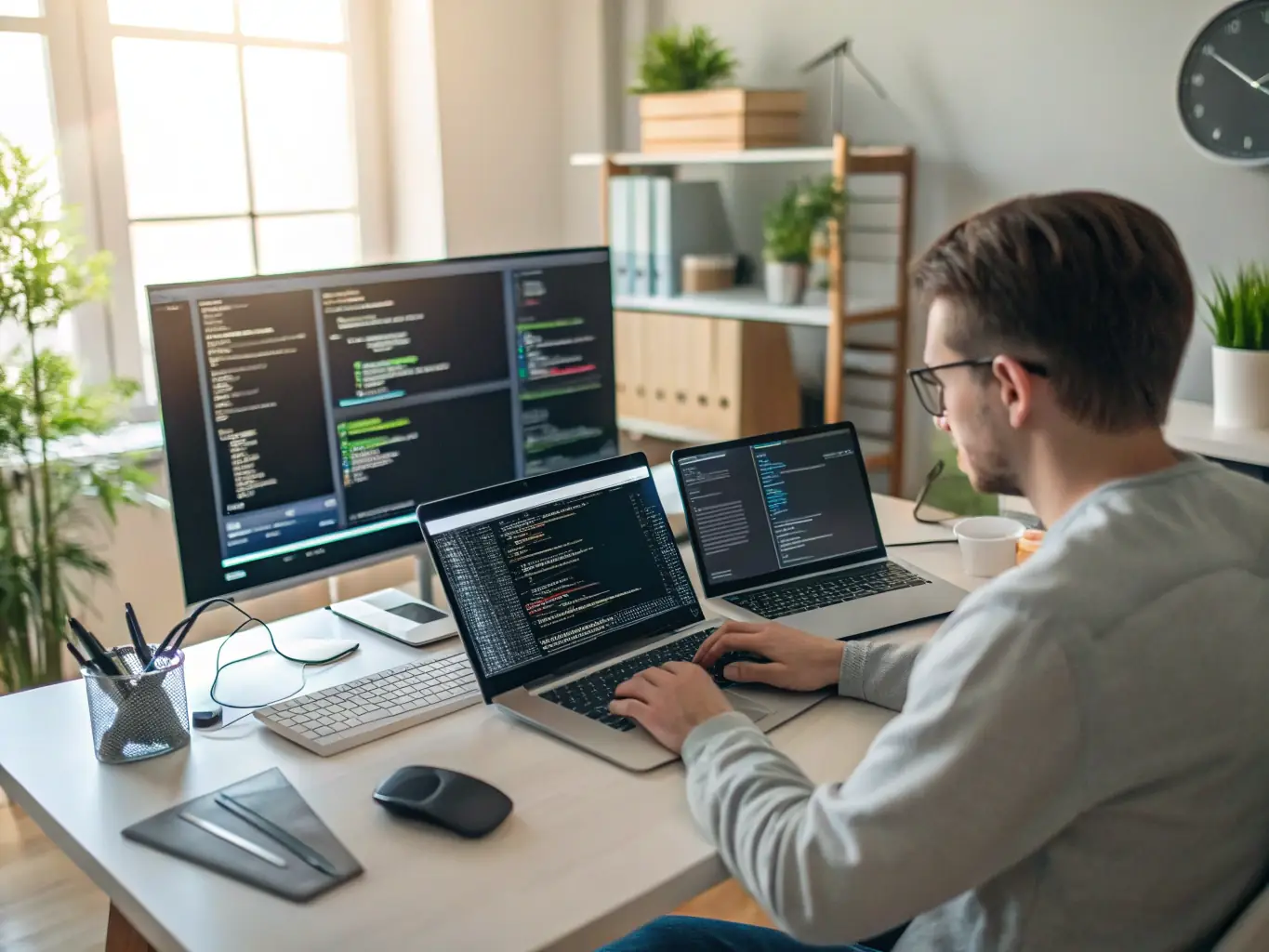 A developer working on the code of a mobile application, surrounded by multiple screens displaying different stages of the app development process.