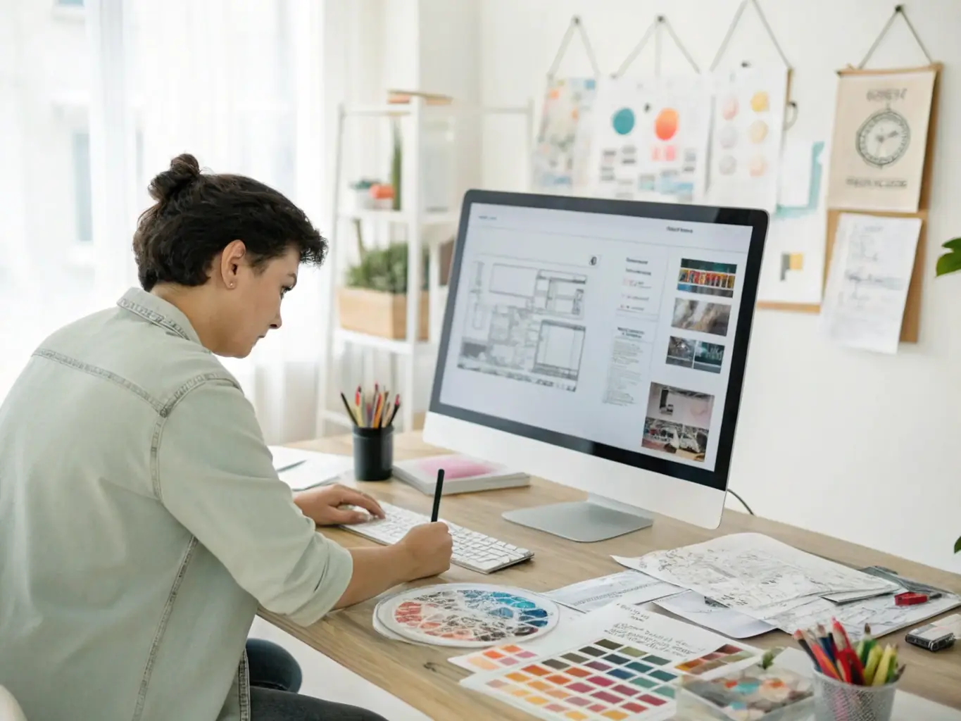 A designer creating a website layout on a large monitor, with various design elements and color palettes visible on the screen.