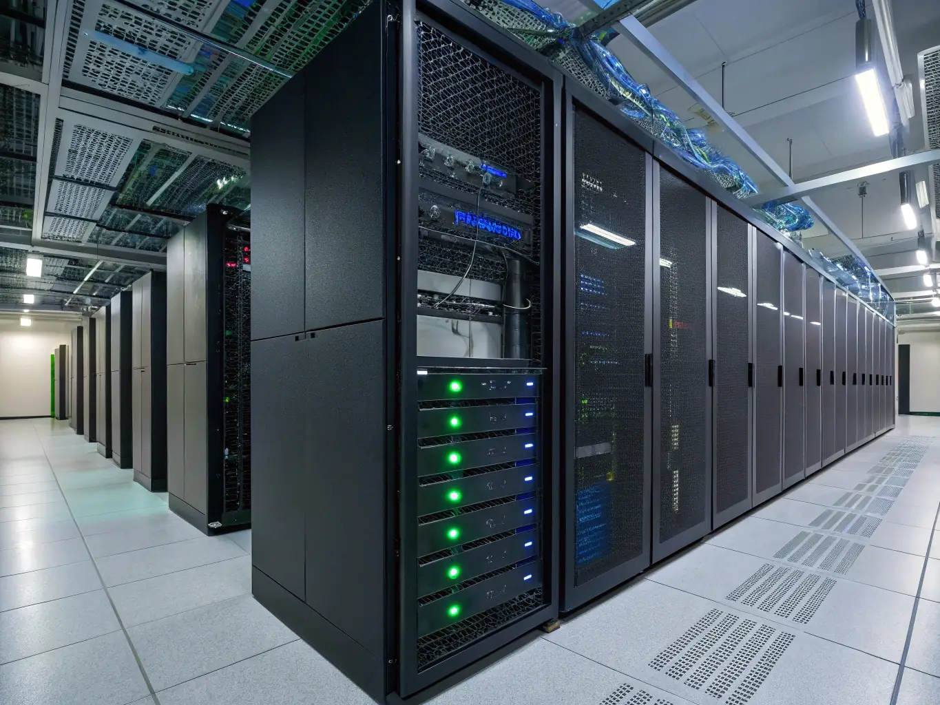 A server room with multiple servers and blinking lights, symbolizing reliable and secure hosting infrastructure.