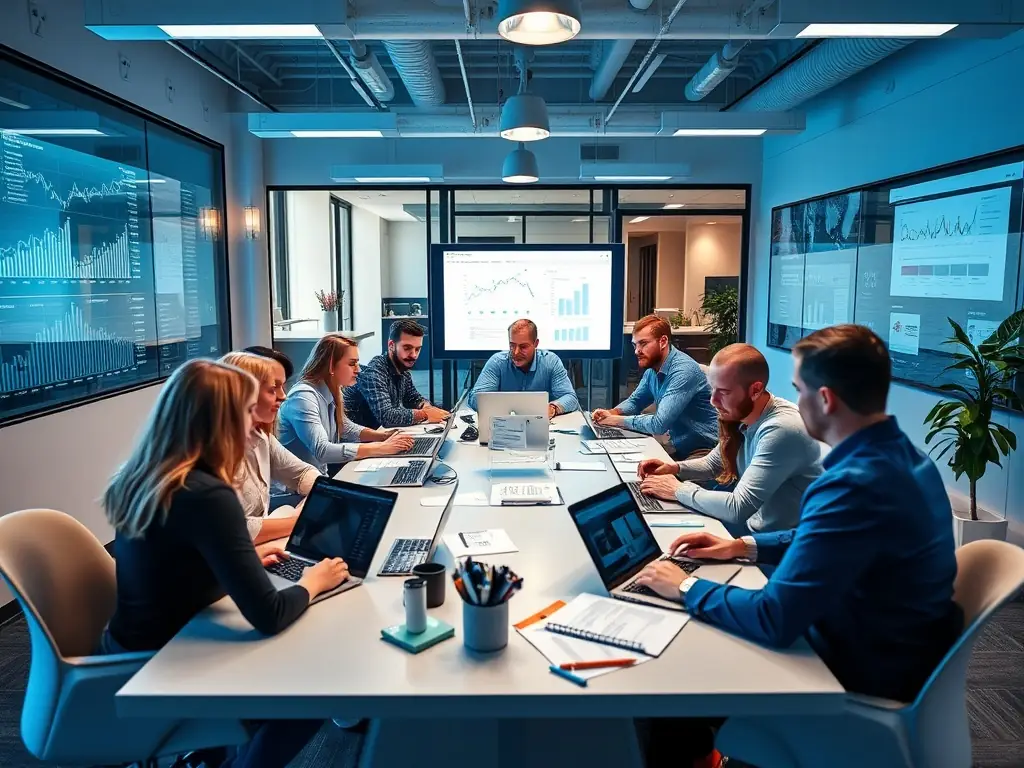 A diverse team of digital experts collaborating in a modern office environment, symbolizing Mac Codes' collaborative and innovative approach.